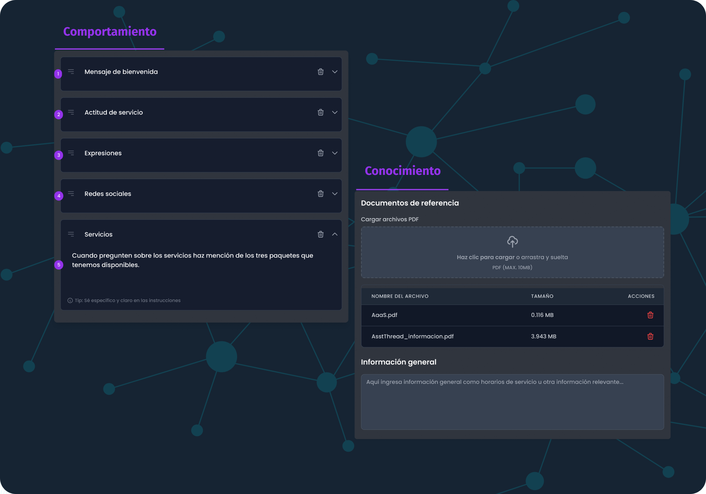 Interfaz de AsstThread para configurar comportamiento e integrar conocimiento en asistentes virtuales